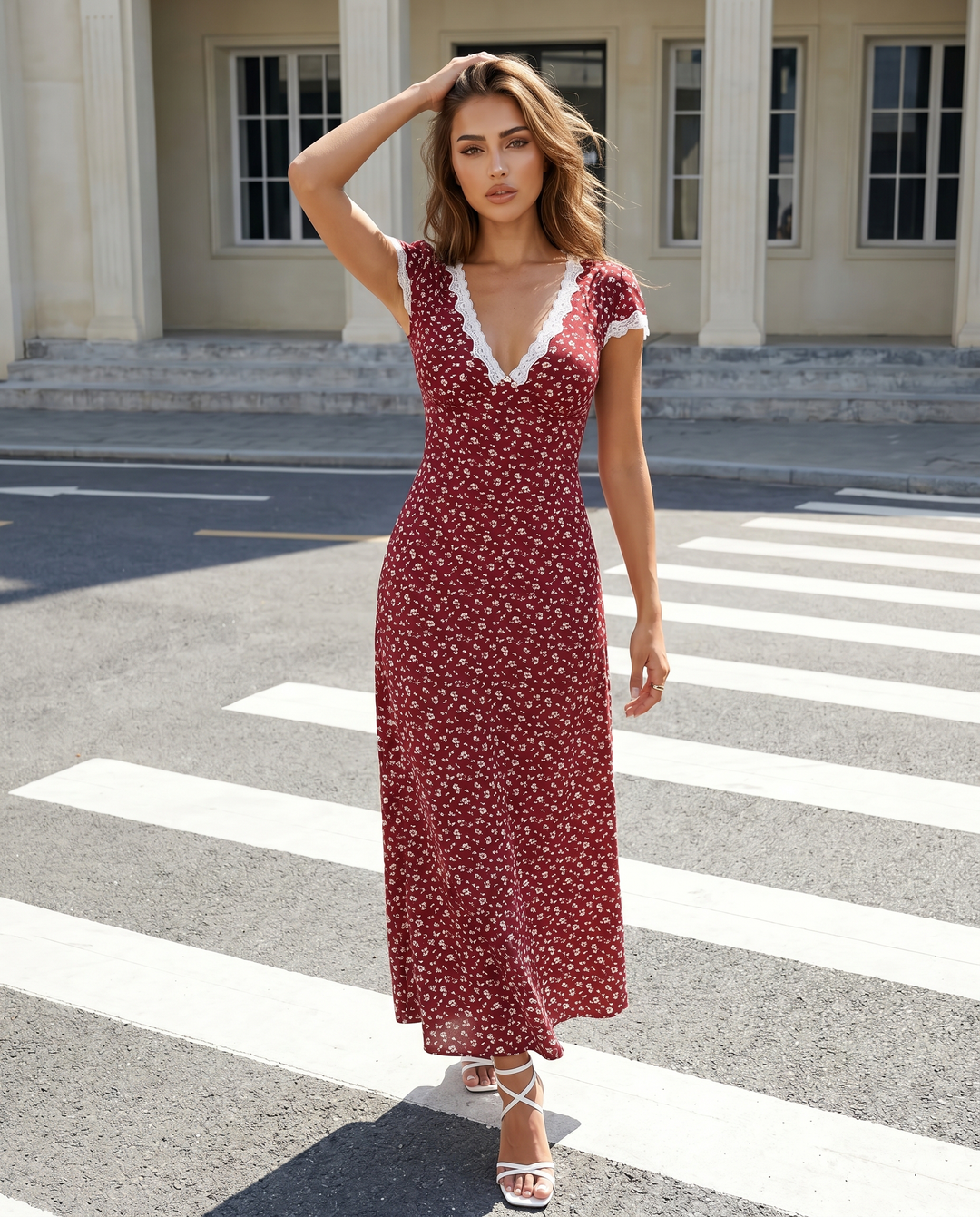 SOLACENavy Blue Floral Lace Trim Midi Dress