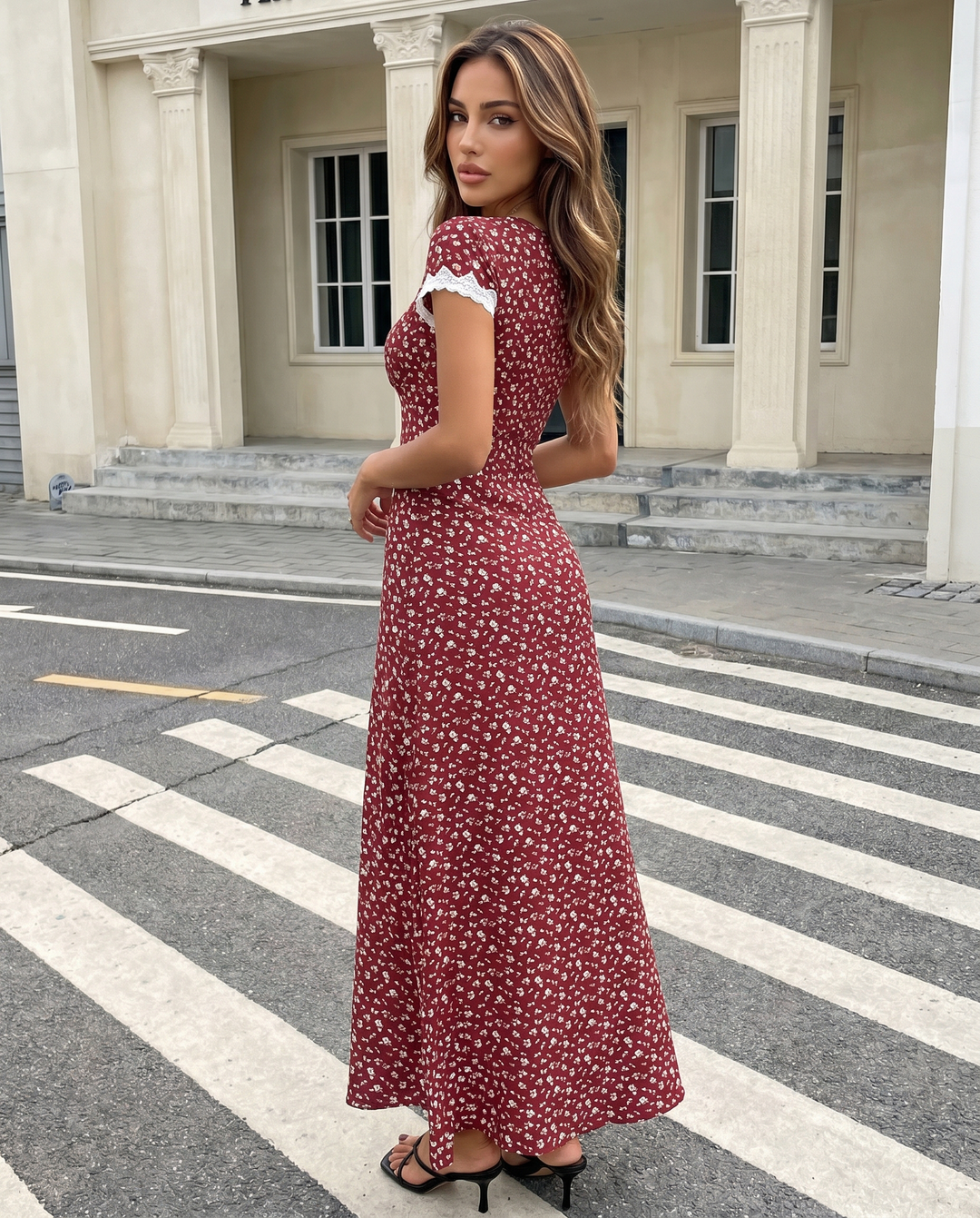 SOLACENavy Blue Floral Lace Trim Midi Dress