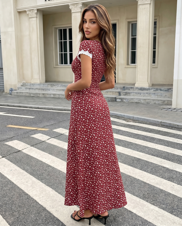 SOLACENavy Blue Floral Lace Trim Midi Dress