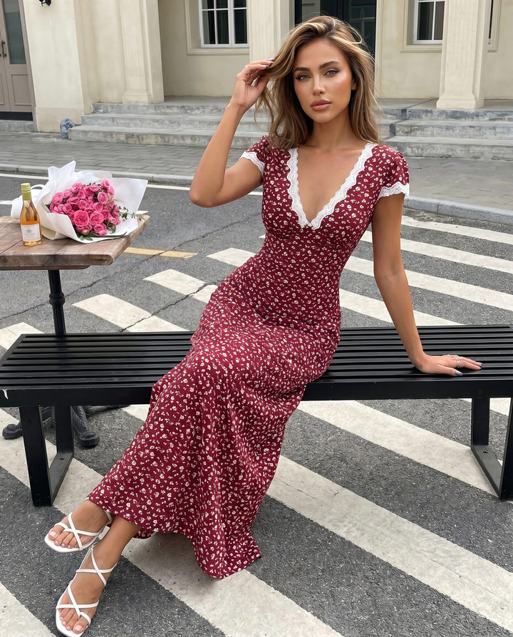 SOLACENavy Blue Floral Lace Trim Midi Dress