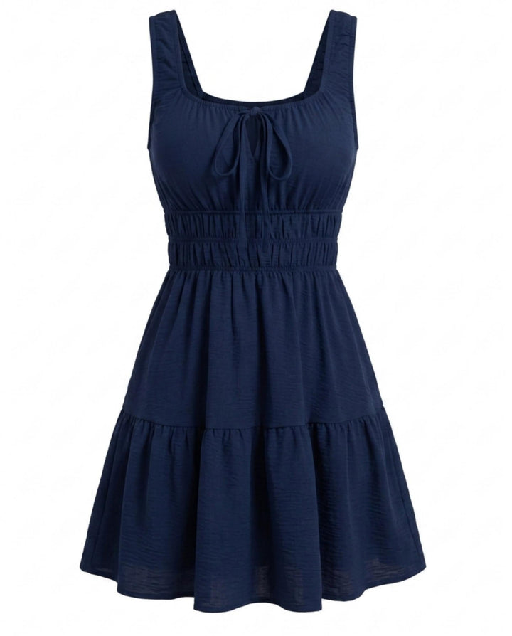 SOLACENavy Blue Square Neck Tiered Mini Dress