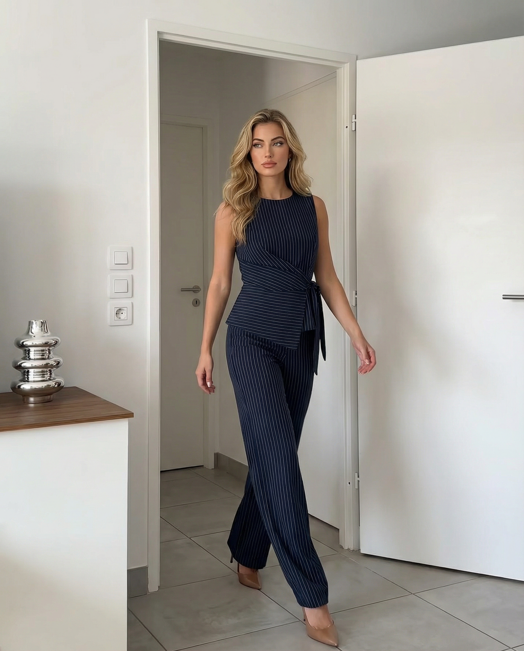 SOLACENavy Pinstripe Sleeveless Wrap Top Wide Leg Pants Set