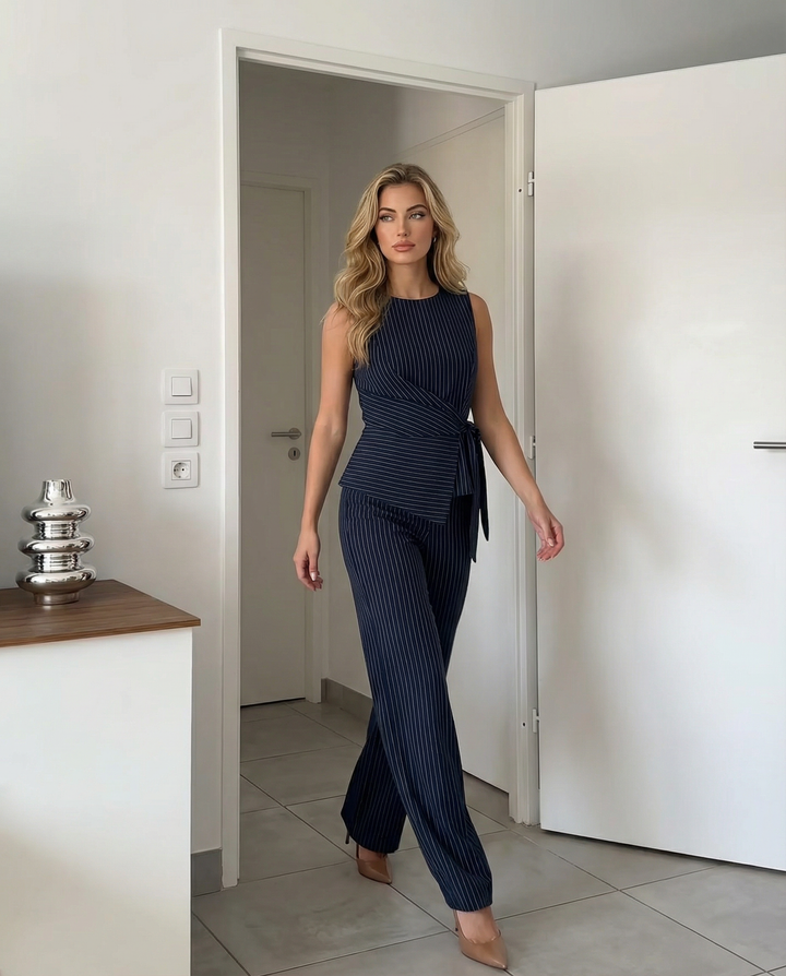 SOLACENavy Pinstripe Sleeveless Wrap Top Wide Leg Pants Set