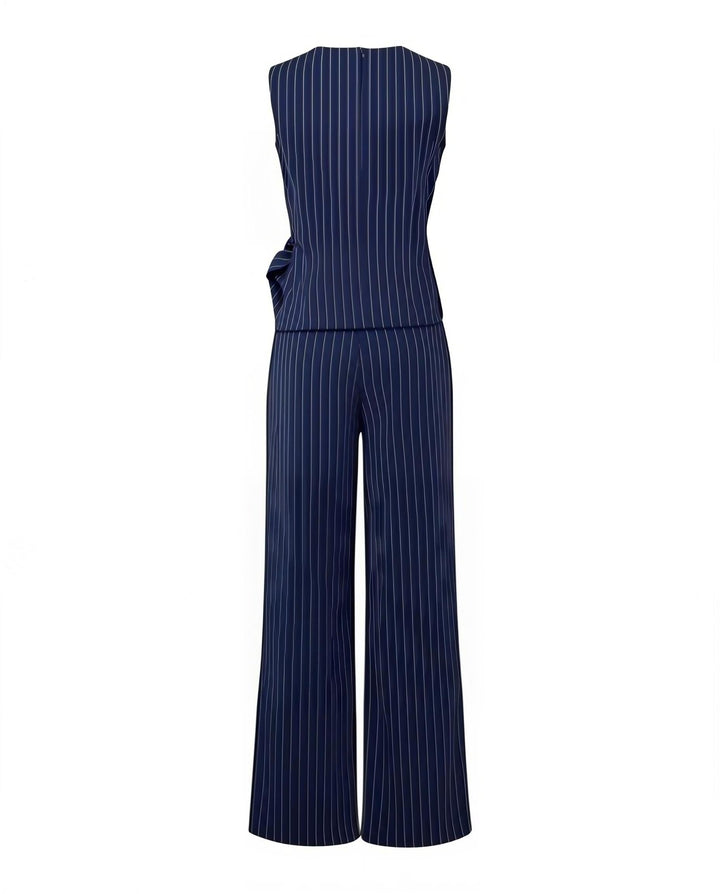 SOLACENavy Pinstripe Sleeveless Wrap Top Wide Leg Pants Set