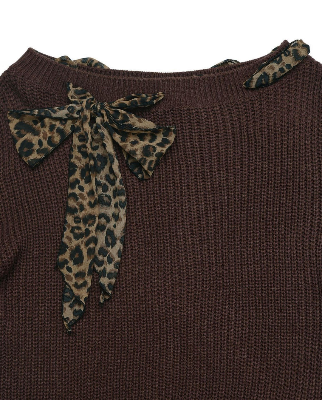Leopard Bow Decor Off‑Shoulder Knit Sweater