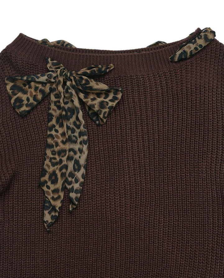 Leopard Bow Decor Off‑Shoulder Knit Sweater