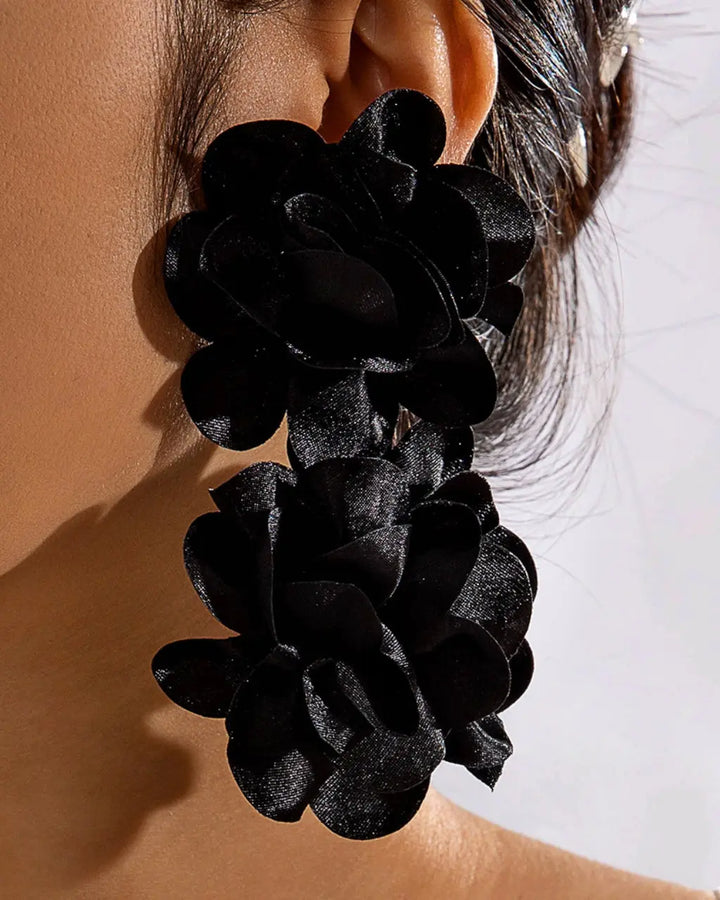 SOLACE  Black Double Layered Rose Fabric Earrings 