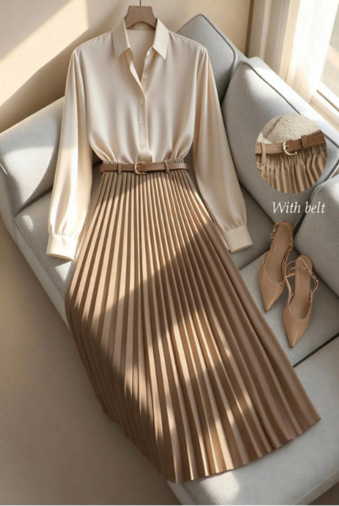 Solid Color Button Blouse A-line Pleated  Dress