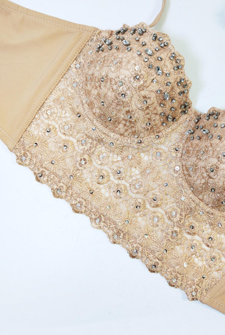 SOLACE CHICRhinestone Beaded Lace Adjustable Strap Corset Top