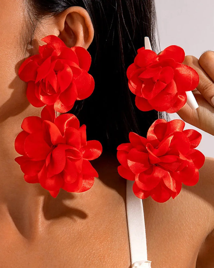 SOLACE  Red Double Rose Statement Drop Earrings 