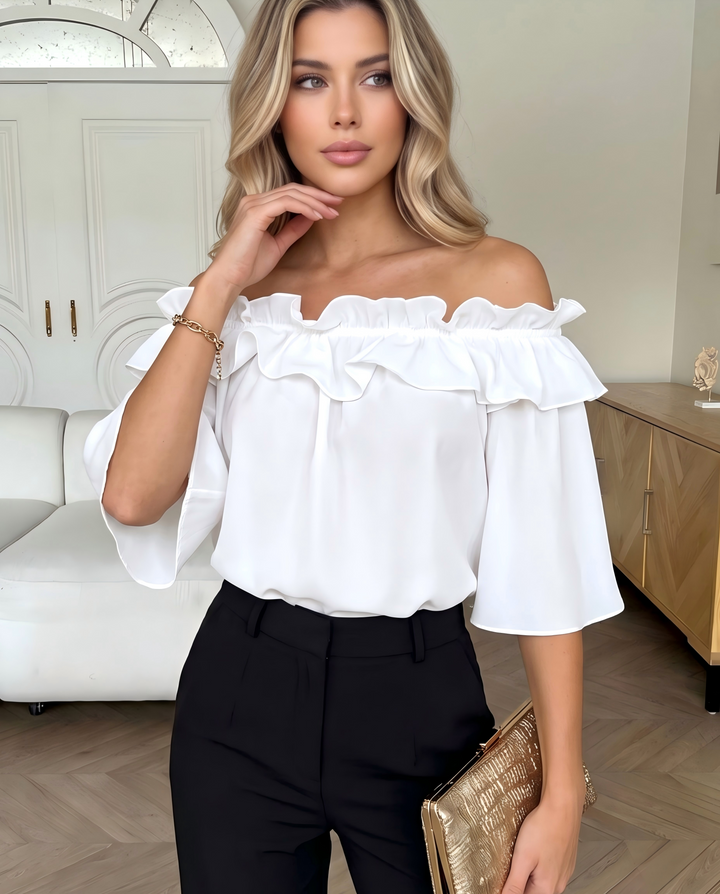SOLACEOff Shoulder Ruffle Trim Flare 3/4 Sleeve Satin Blouse