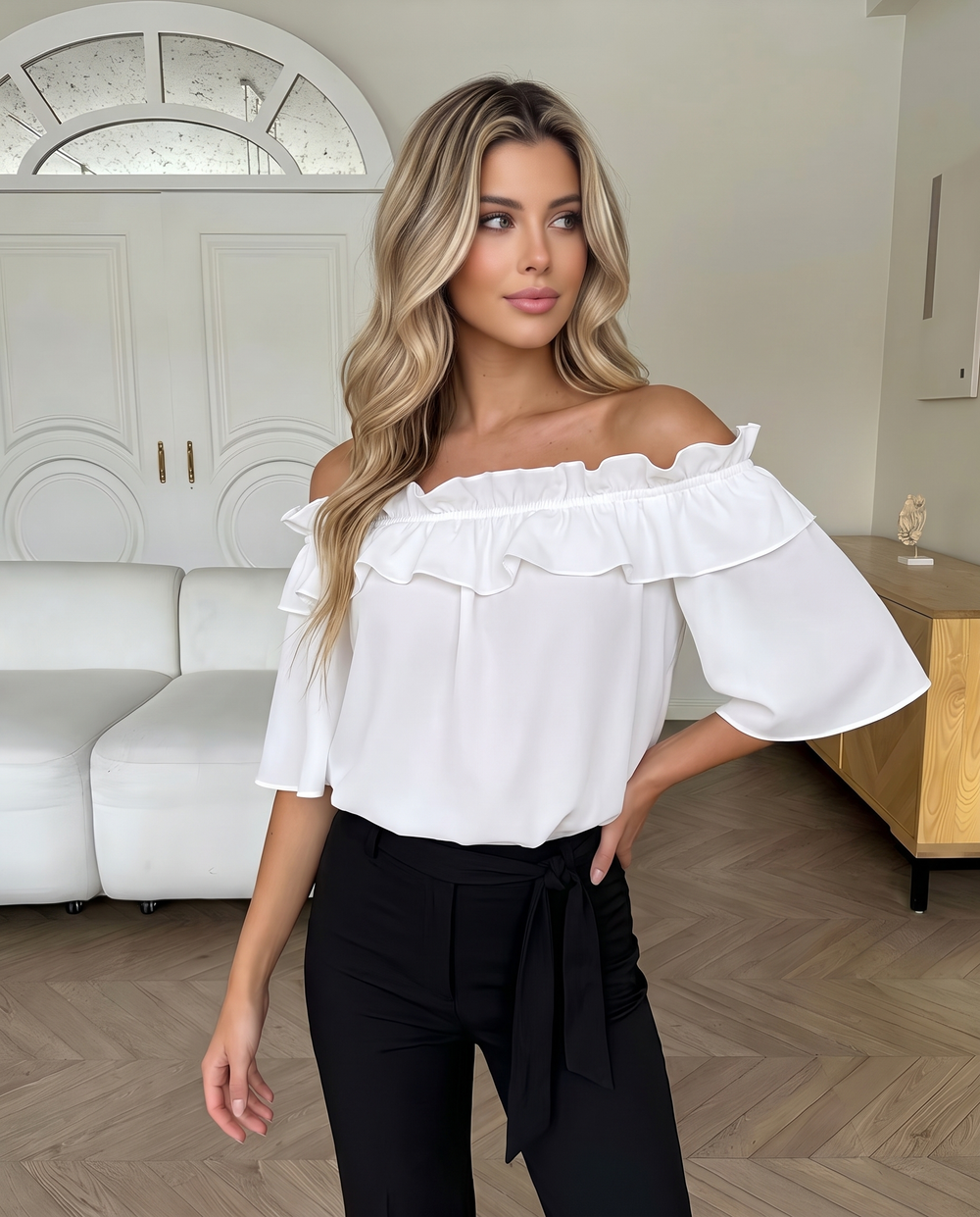 SOLACEOff Shoulder Ruffle Trim Flare 3/4 Sleeve Satin Blouse