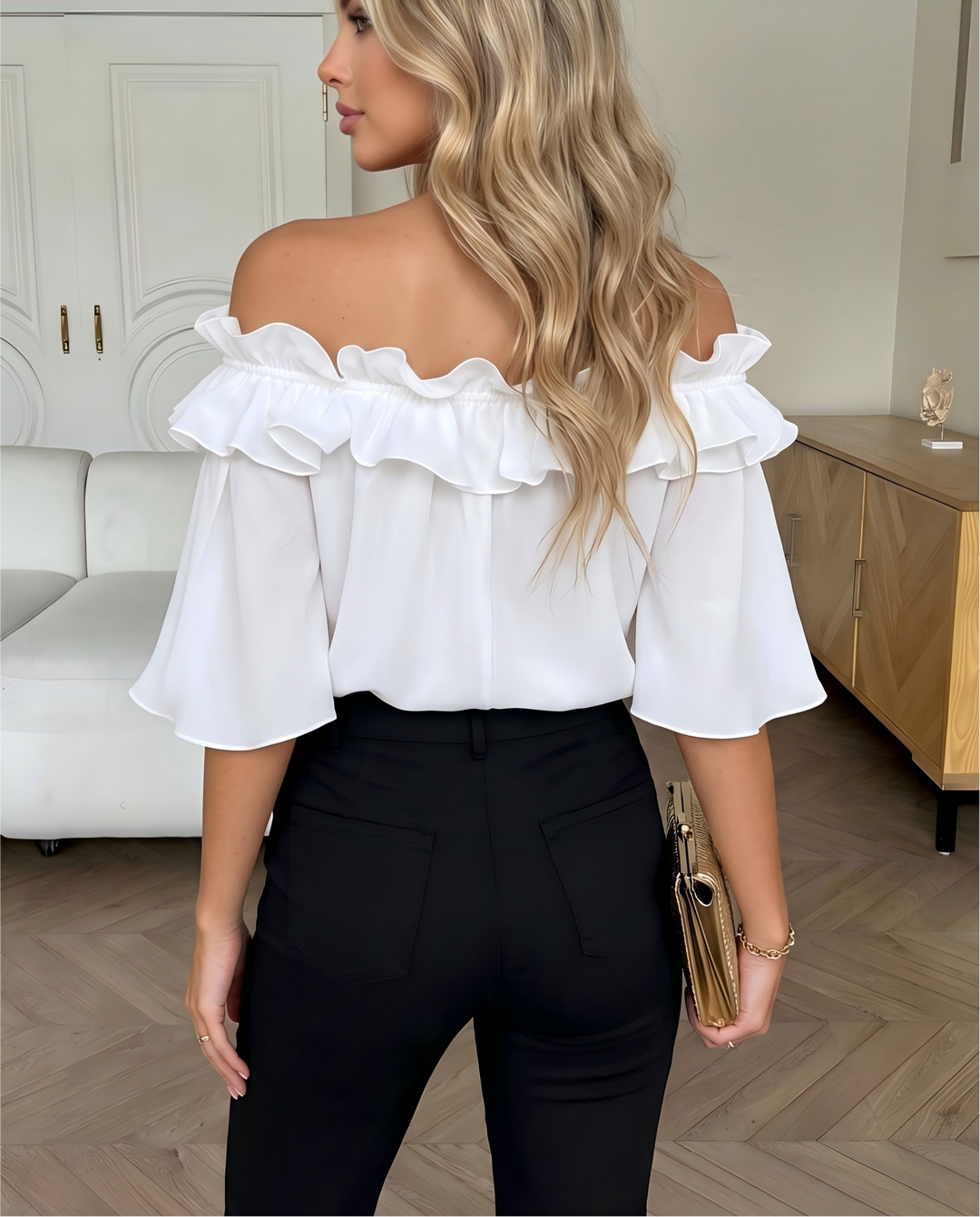 SOLACEOff Shoulder Ruffle Trim Flare 3/4 Sleeve Satin Blouse