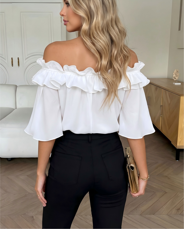 SOLACEOff Shoulder Ruffle Trim Flare 3/4 Sleeve Satin Blouse