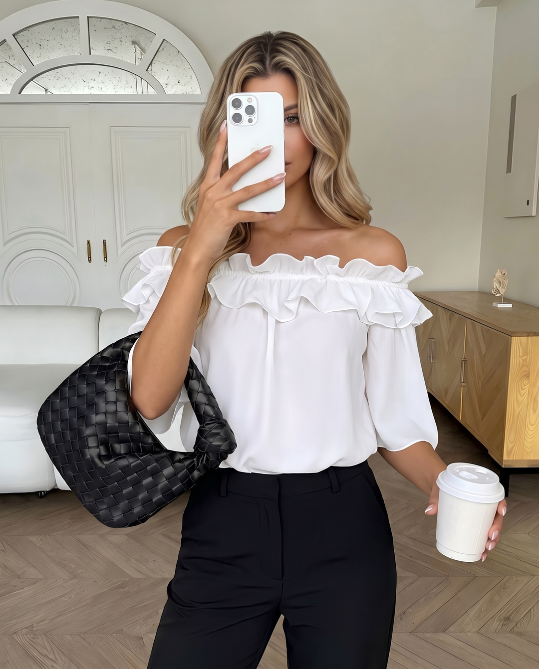 SOLACEOff Shoulder Ruffle Trim Flare 3/4 Sleeve Satin Blouse