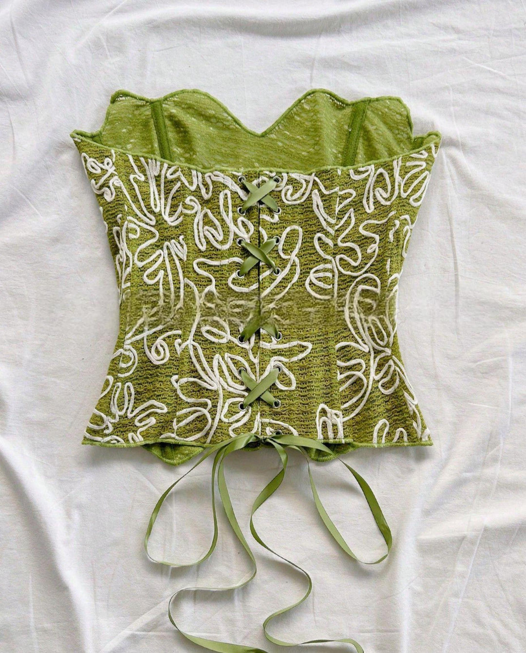 SOLACEOlive Green Floral Embroidered Strapless Corset Top