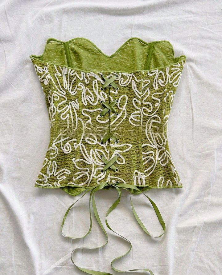 SOLACEOlive Green Floral Embroidered Strapless Corset Top