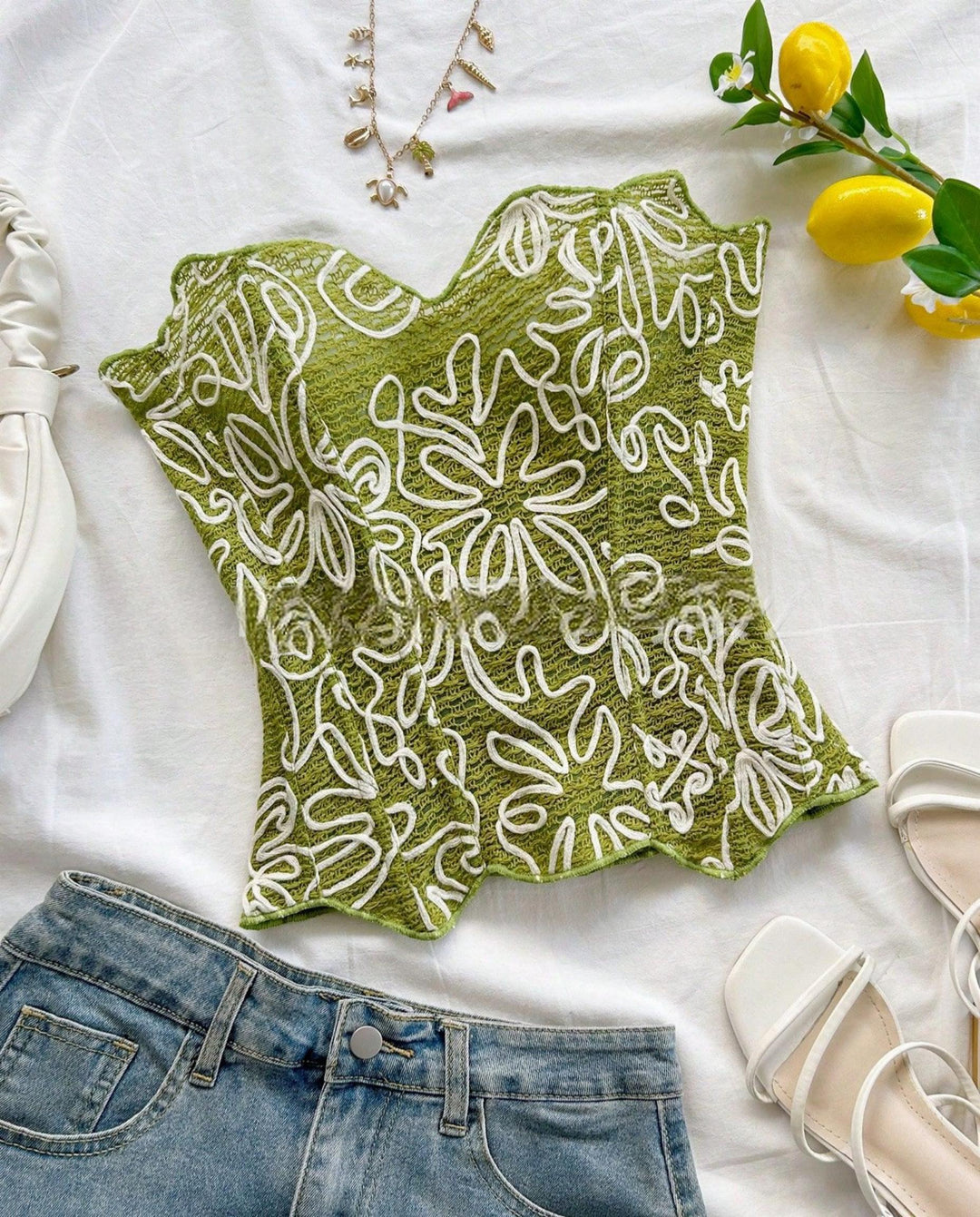 SOLACEOlive Green Floral Embroidered Strapless Corset Top