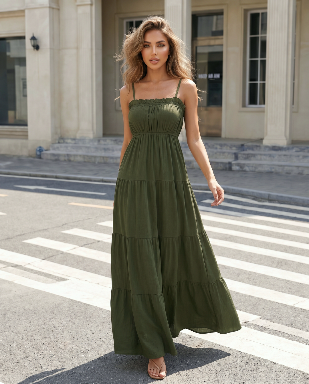 SOLACEOlive Green Tiered Spaghetti Strap Maxi Dress