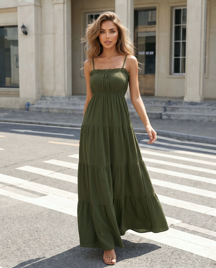 SOLACEOlive Green Tiered Spaghetti Strap Maxi Dress