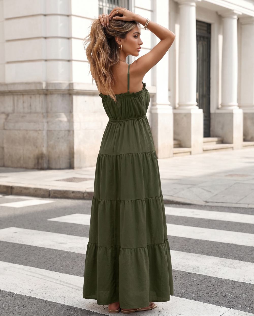 SOLACEOlive Green Tiered Spaghetti Strap Maxi Dress