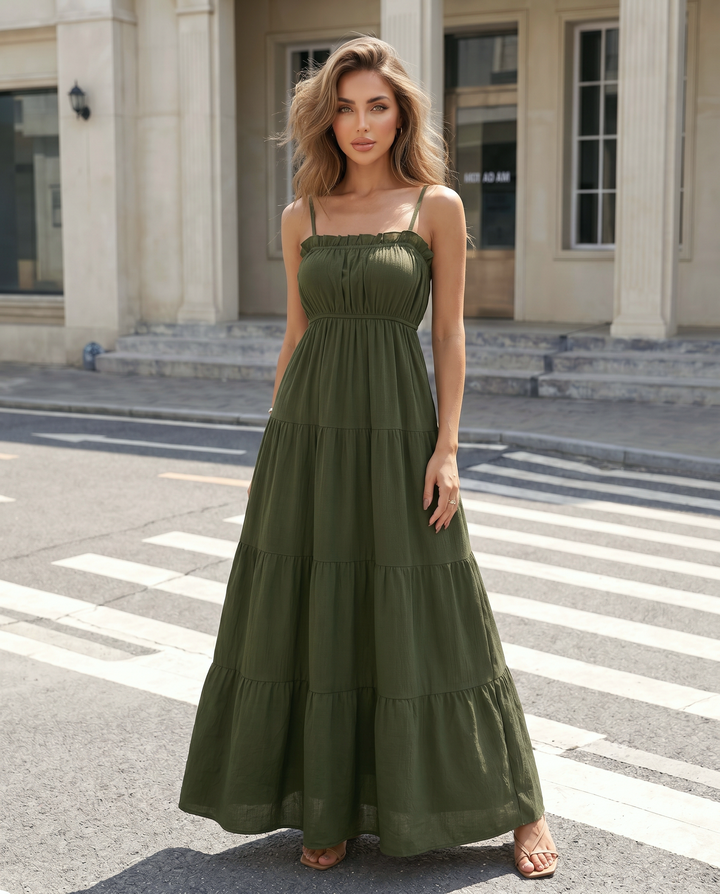 SOLACEOlive Green Tiered Spaghetti Strap Maxi Dress
