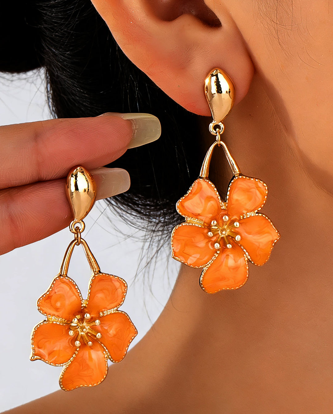 SOLACEOrange Swirl Enamel Five-Petal Flower Drop Dangle Earrings