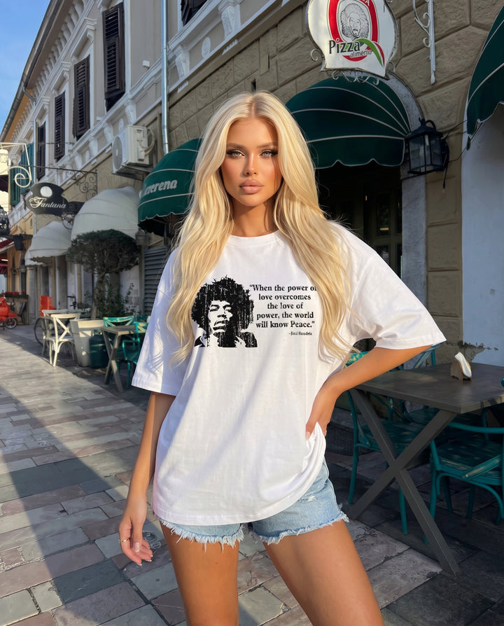 White Crew Neck Peace Slogan Vintage Graphic Oversized T-Shirt