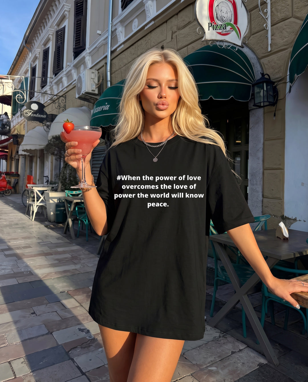 Black Crew Neck Simple Peace Quote Letter Oversized Short Sleeve T-Shirt