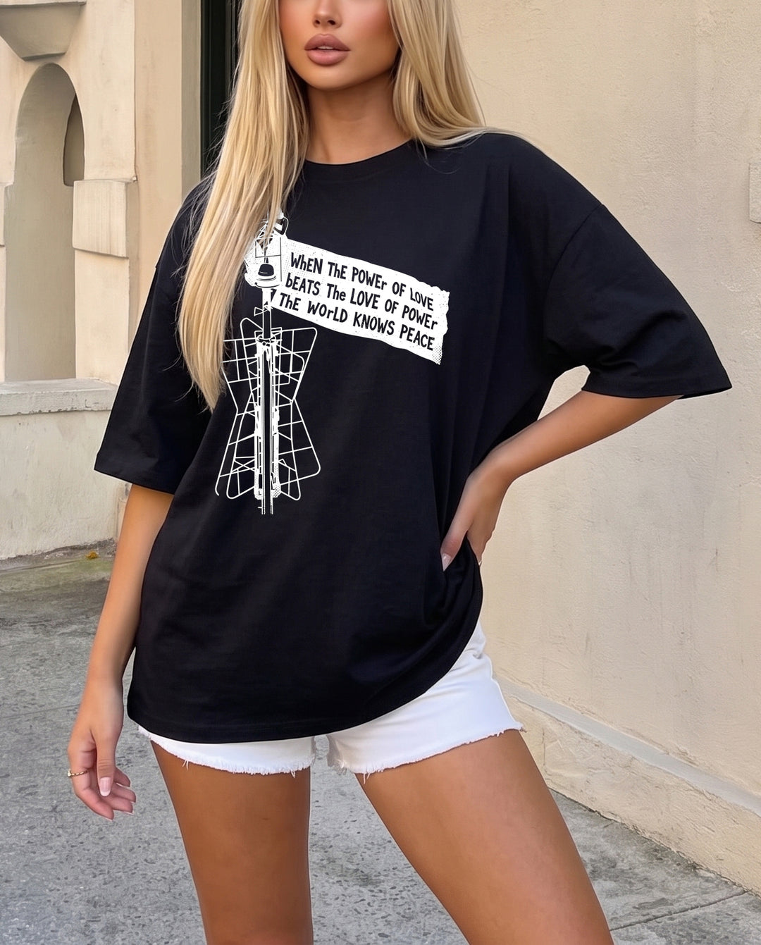 Black Crew Neck Tower Graphic Oversized Short Sleeve T-Shirt