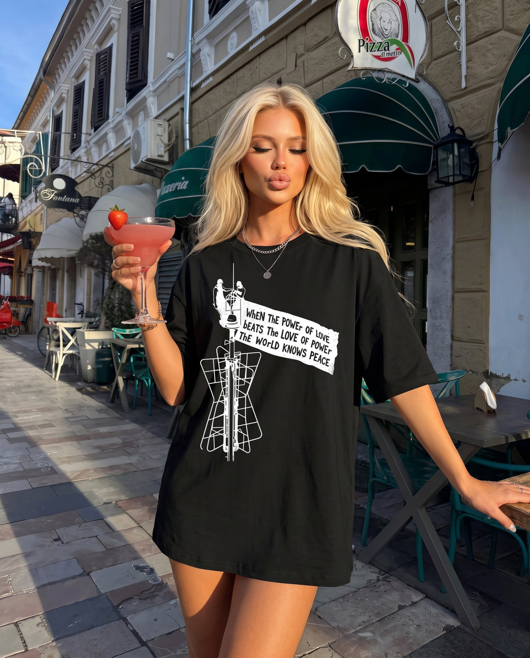 Black Crew Neck Tower Graphic Oversized Short Sleeve T-Shirt