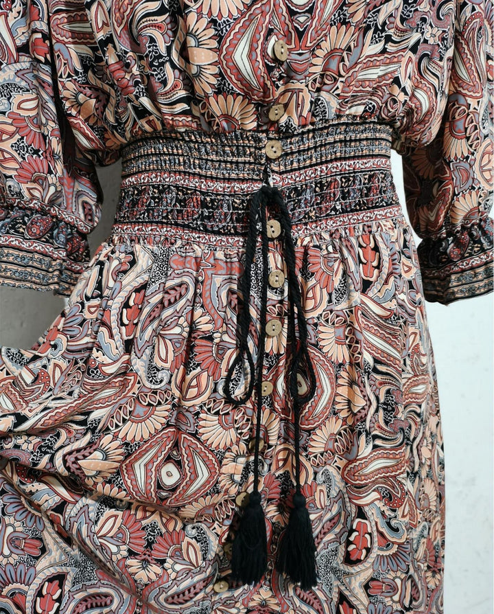 SOLACEPaisley Print V-Neck Lantern Sleeve Smocked Waist Maxi Dress