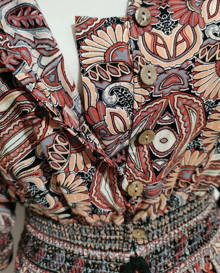 SOLACEPaisley Print V-Neck Lantern Sleeve Smocked Waist Maxi Dress