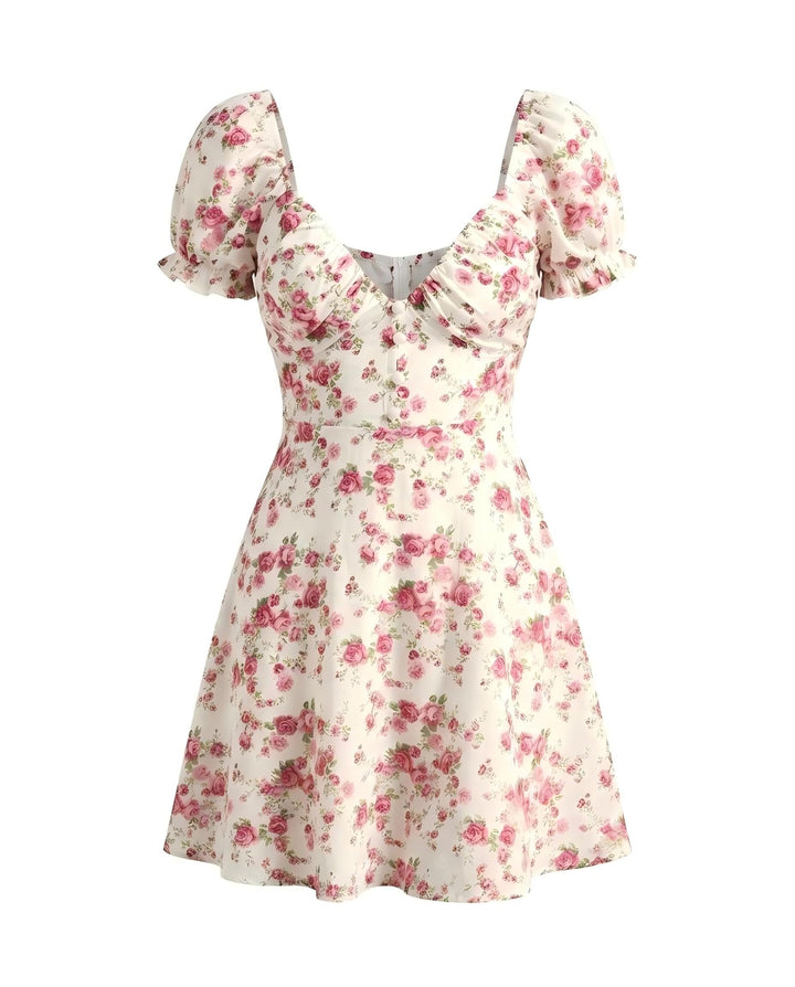 SOLACEPink Floral Print Sweetheart Neck Puff Sleeve A-Line Mini Dress