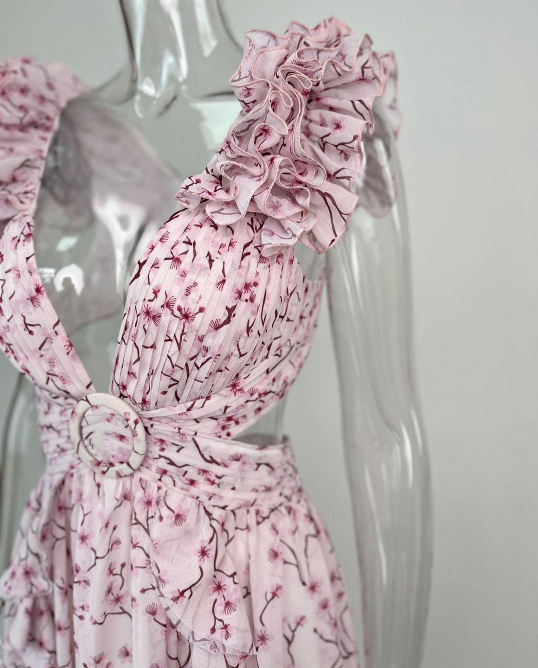 SOLACEPink Floral Ruffle Sleeve Cutout Maxi Dress