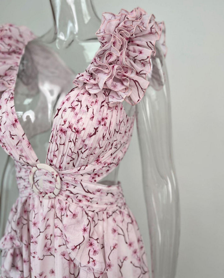 SOLACEPink Floral Ruffle Sleeve Cutout Maxi Dress