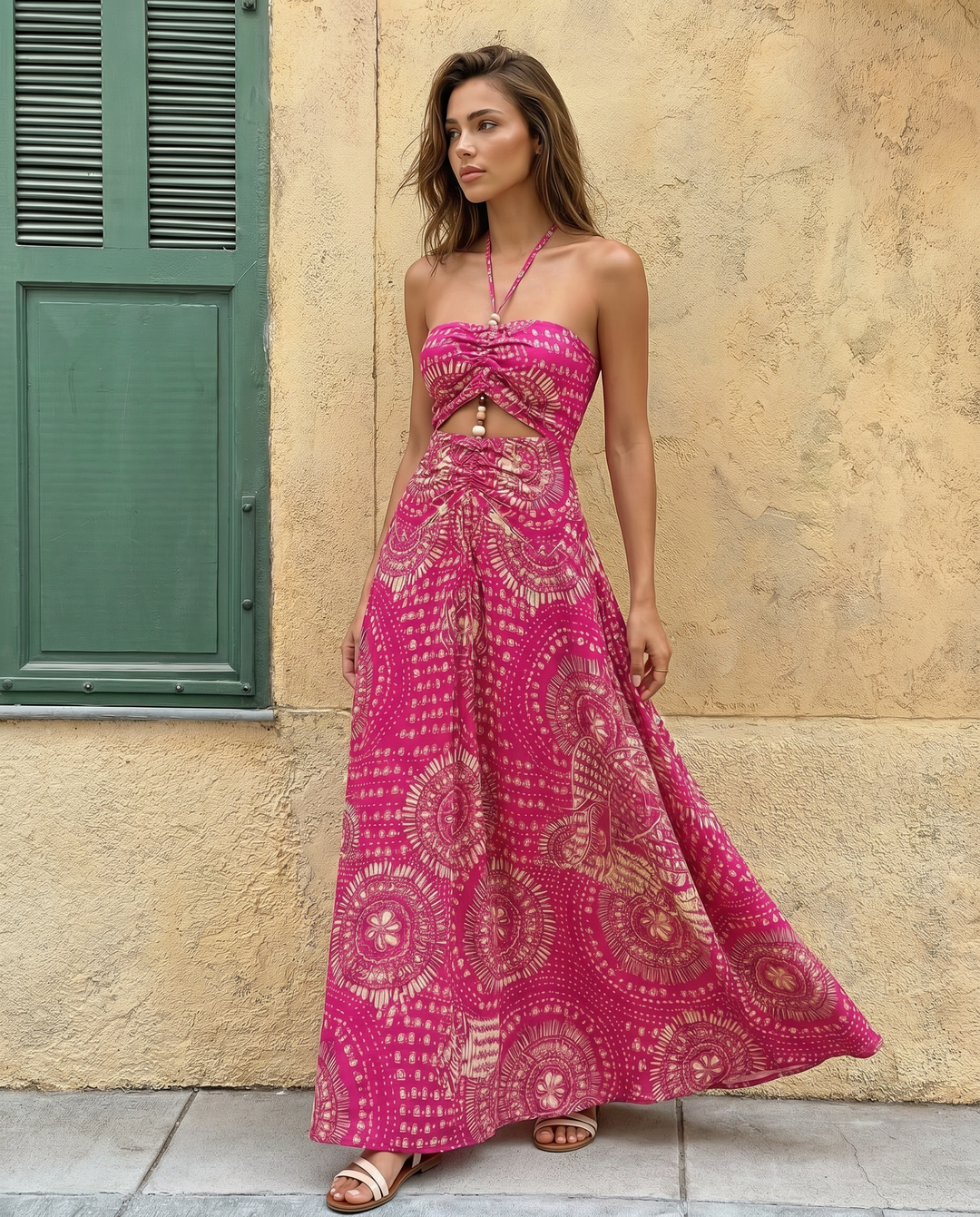 SOLACEPink Geometric Print Halter Neck Cutout Maxi Dress