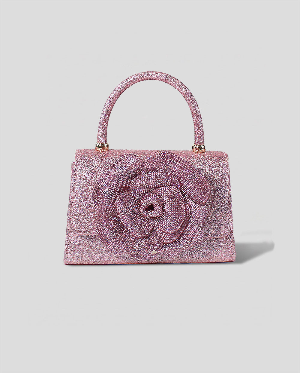 SOLACEPink Glitter 3D Rhinestone Rose Top Handle Flap Crossbody Mini Handbag