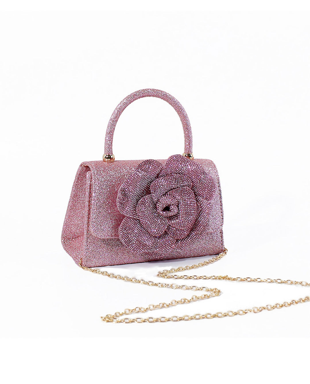 SOLACEPink Glitter 3D Rhinestone Rose Top Handle Flap Crossbody Mini Handbag