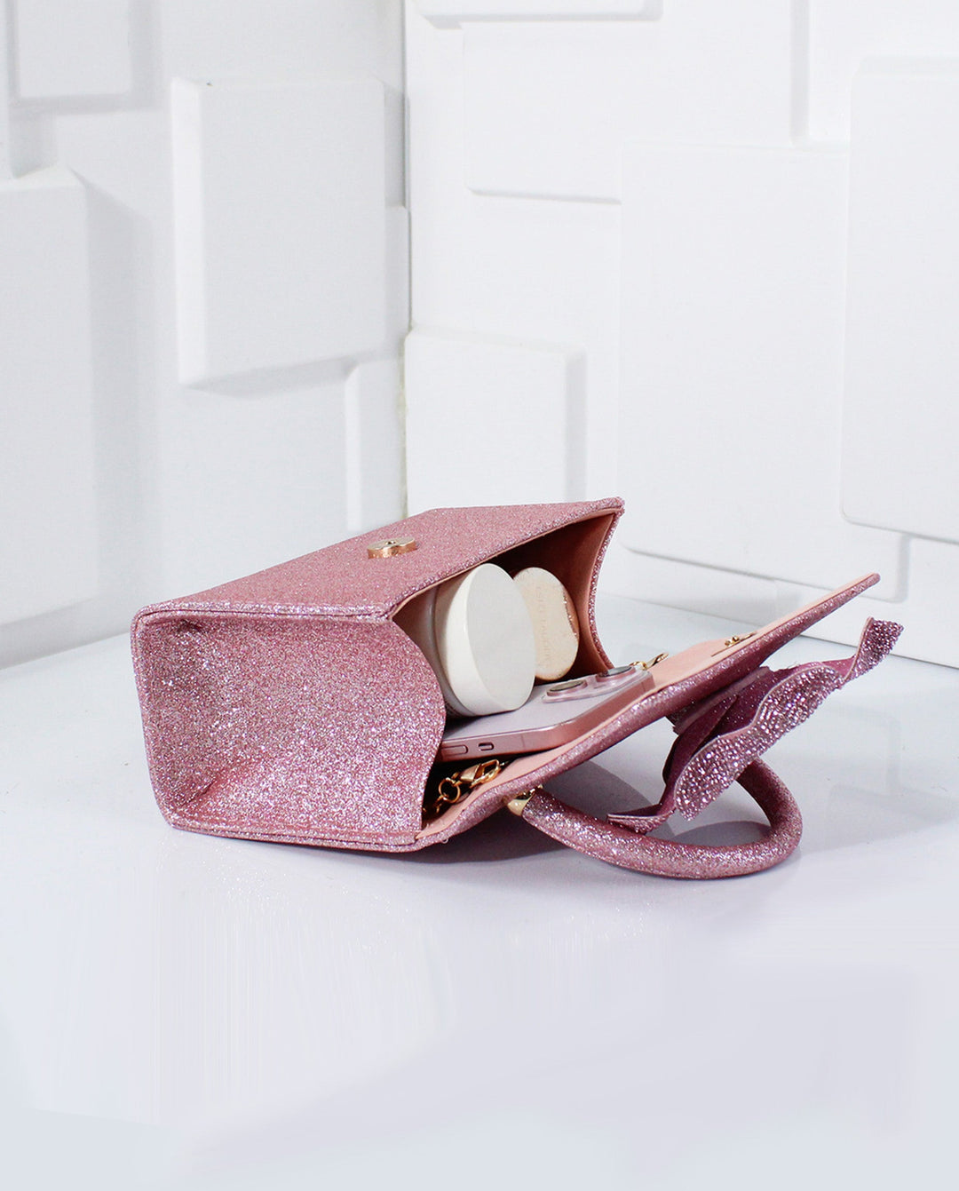 SOLACEPink Glitter 3D Rhinestone Rose Top Handle Flap Crossbody Mini Handbag