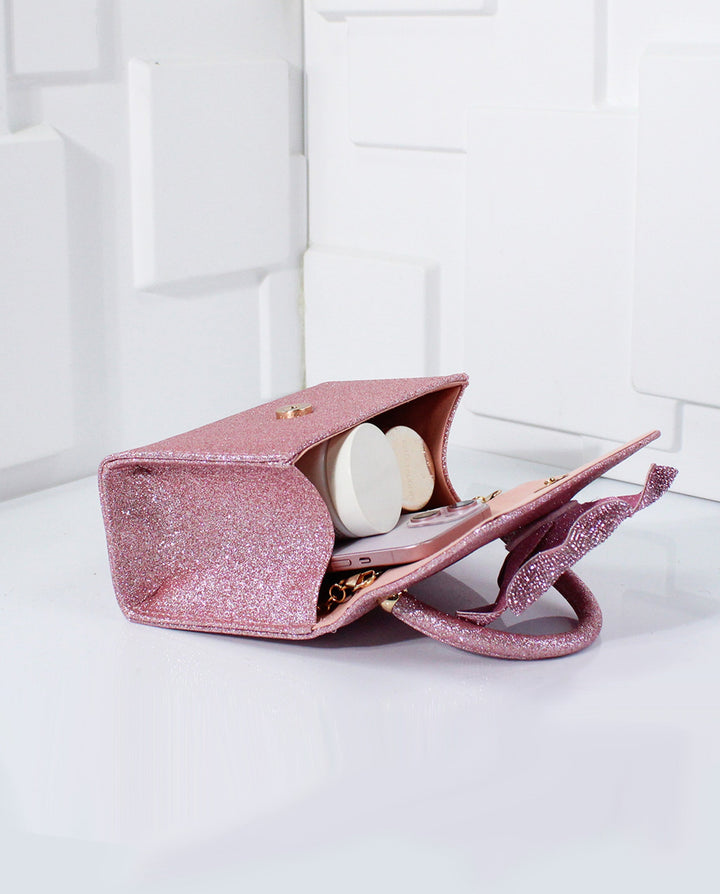 SOLACEPink Glitter 3D Rhinestone Rose Top Handle Flap Crossbody Mini Handbag