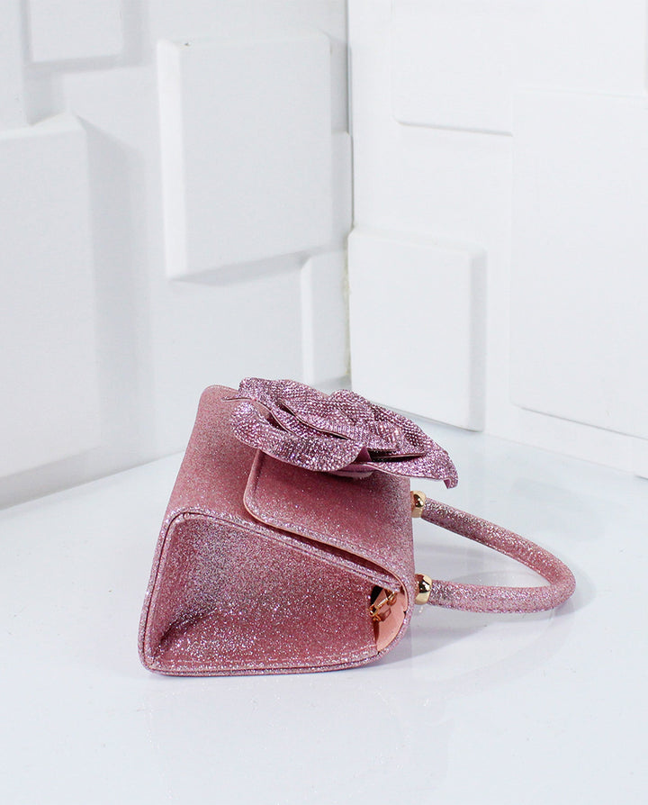 SOLACEPink Glitter 3D Rhinestone Rose Top Handle Flap Crossbody Mini Handbag