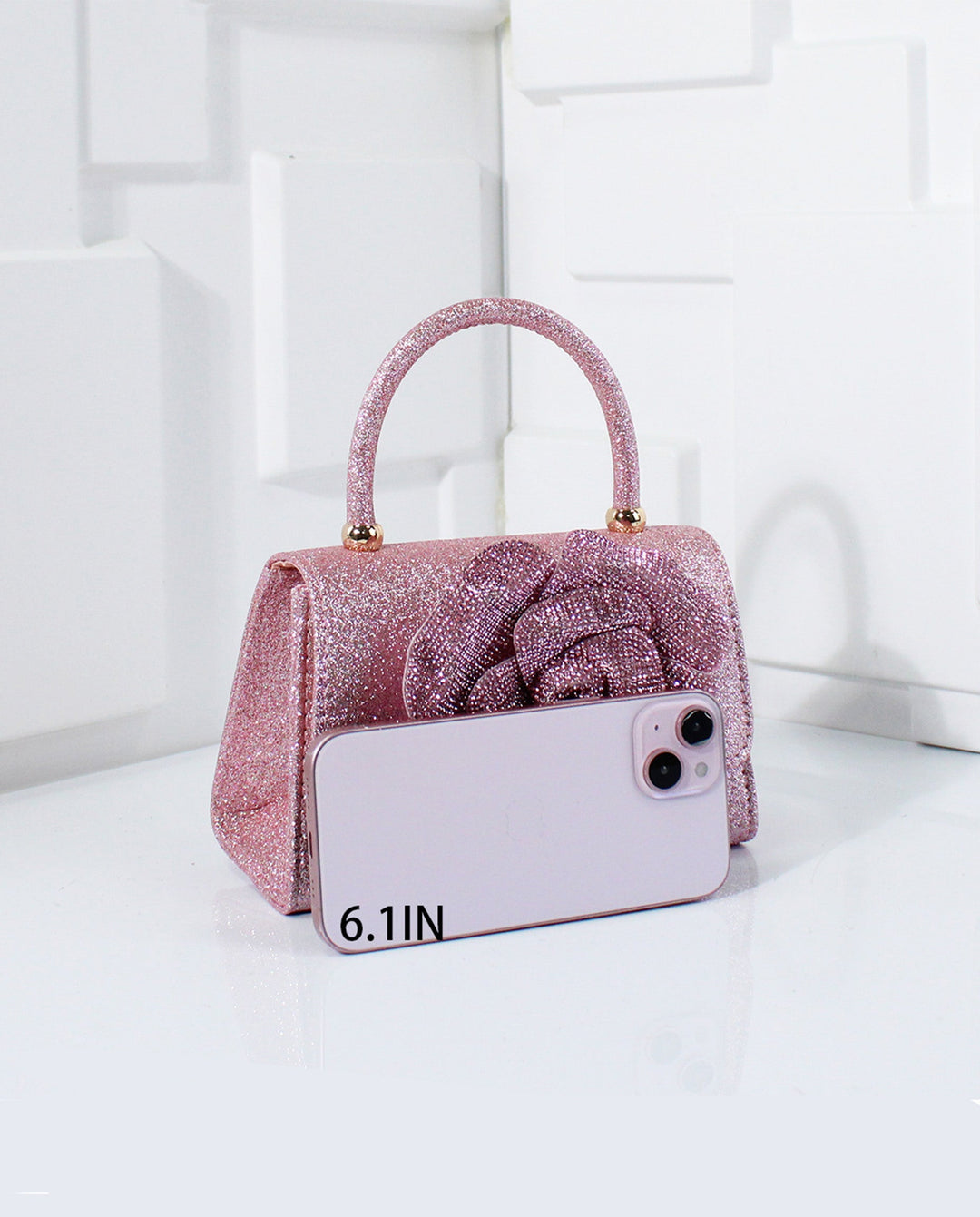SOLACEPink Glitter 3D Rhinestone Rose Top Handle Flap Crossbody Mini Handbag