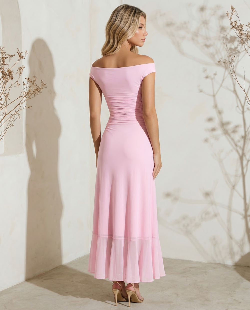 SOLACEPink Off-Shoulder Ruched Ruffled Slit Hem Maxi Dress