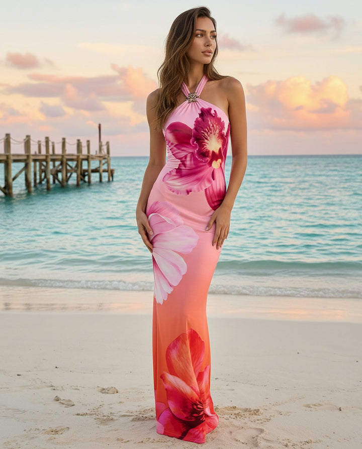 SOLACEPink Orange Floral Print Halter Neck Bodycon Maxi Dress