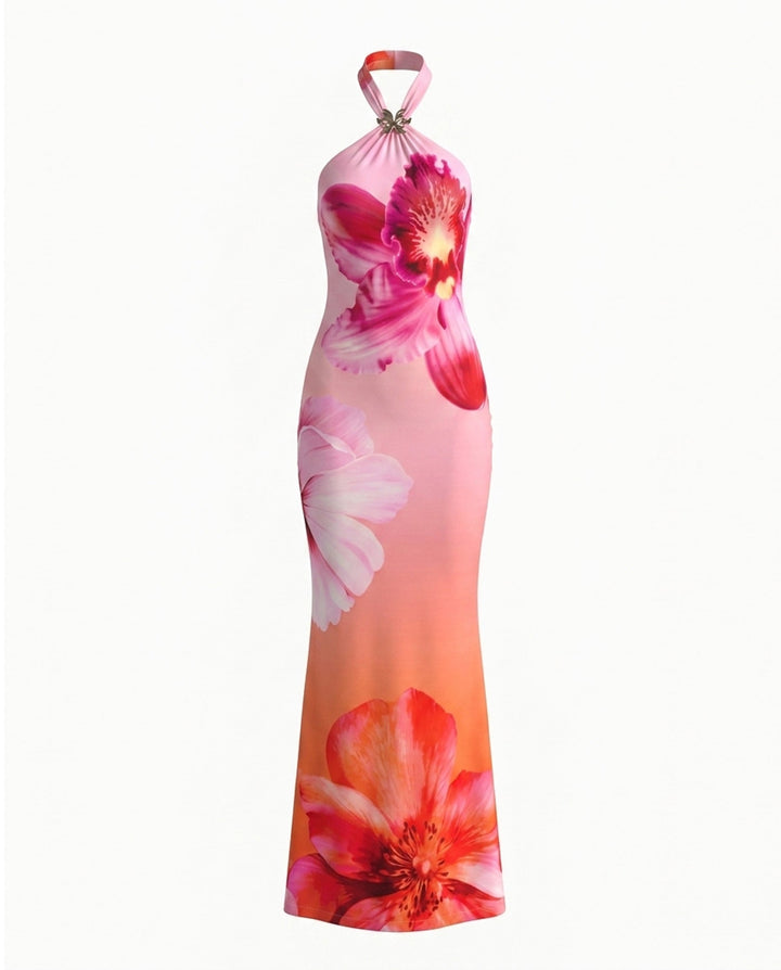 SOLACEPink Orange Floral Print Halter Neck Bodycon Maxi Dress