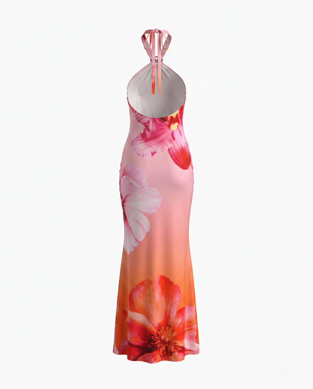 SOLACEPink Orange Floral Print Halter Neck Bodycon Maxi Dress