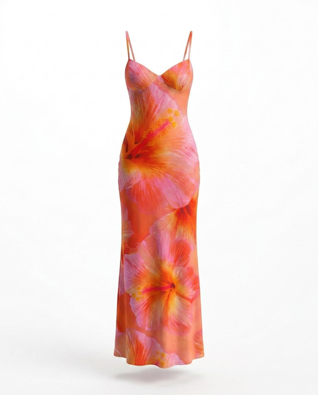 SOLACEPink Orange Hibiscus Print Sweetheart Neck Maxi Dress