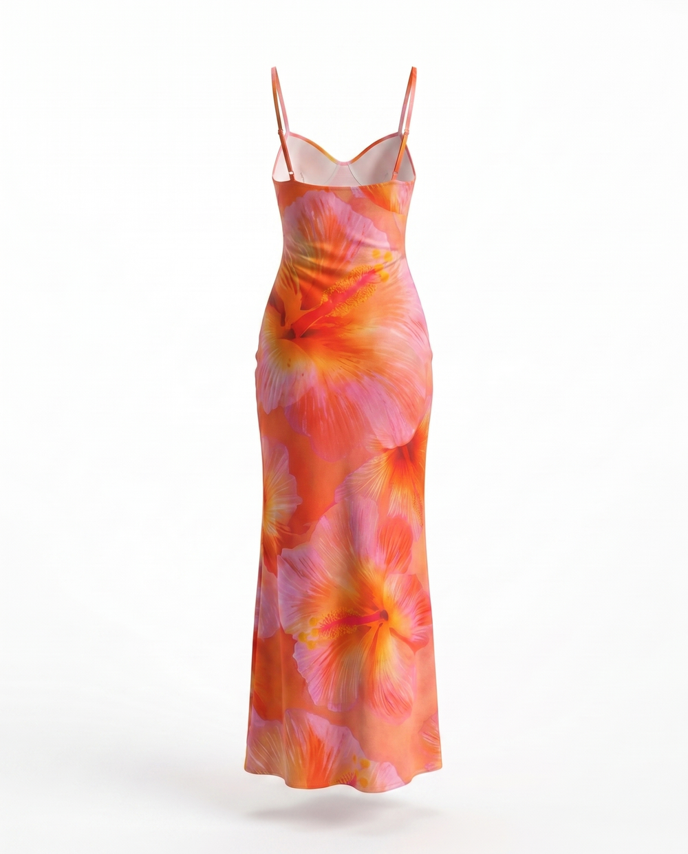 SOLACEPink Orange Hibiscus Print Sweetheart Neck Maxi Dress