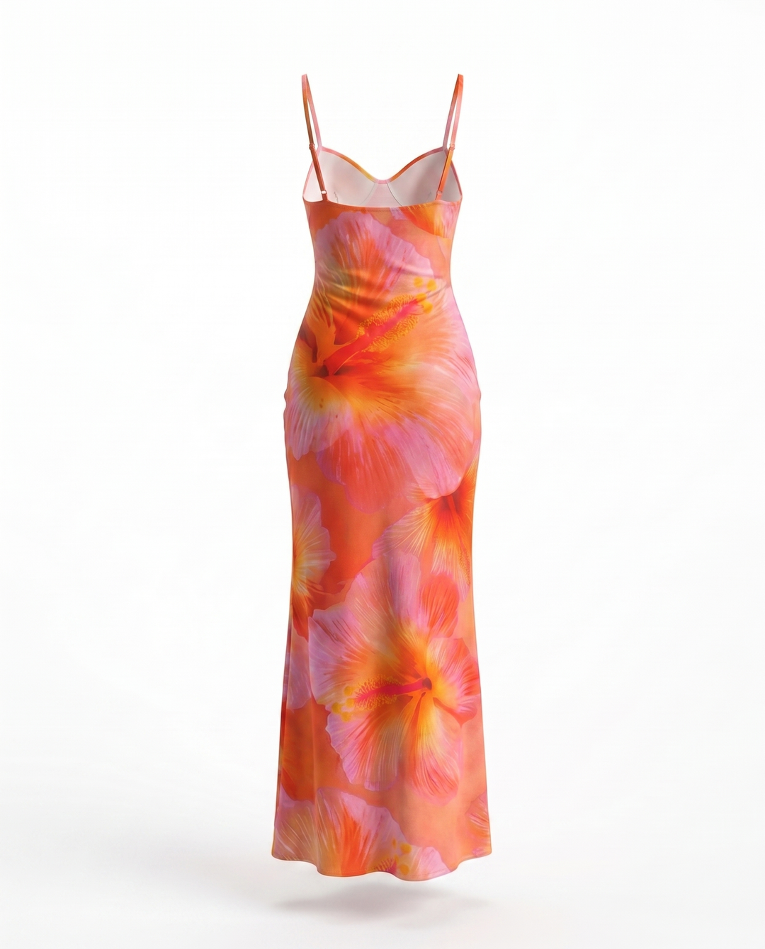 SOLACEPink Orange Hibiscus Print Sweetheart Neck Maxi Dress